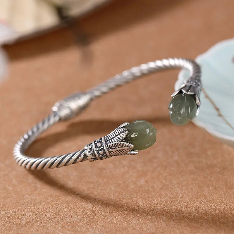 S925 Sterling Silver Hetian Jade Gray Magnolia Ladies Open-Ended Bracelet