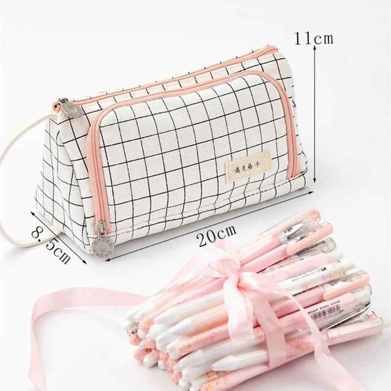 Stationary Pen Storage Bag Pen Pencil Bag Multi Layer Large Capacity Cosmetic Travel Storage Bag Simple Plaid Pencil Case