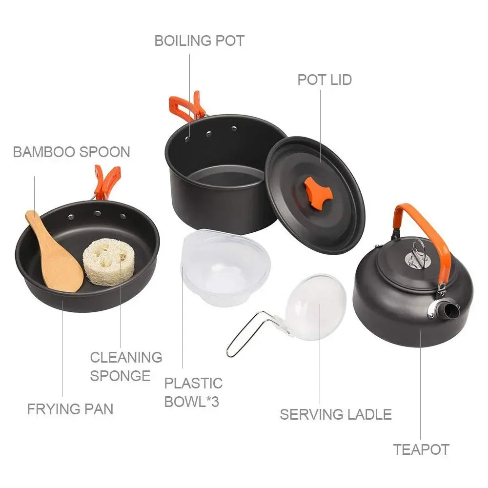 Camping Cookware Set Aluminum Nonstick Portable Outdoor Tableware Kettle Pot Cookset Cooking Pan Bowl for Hiking BBQ Picnic