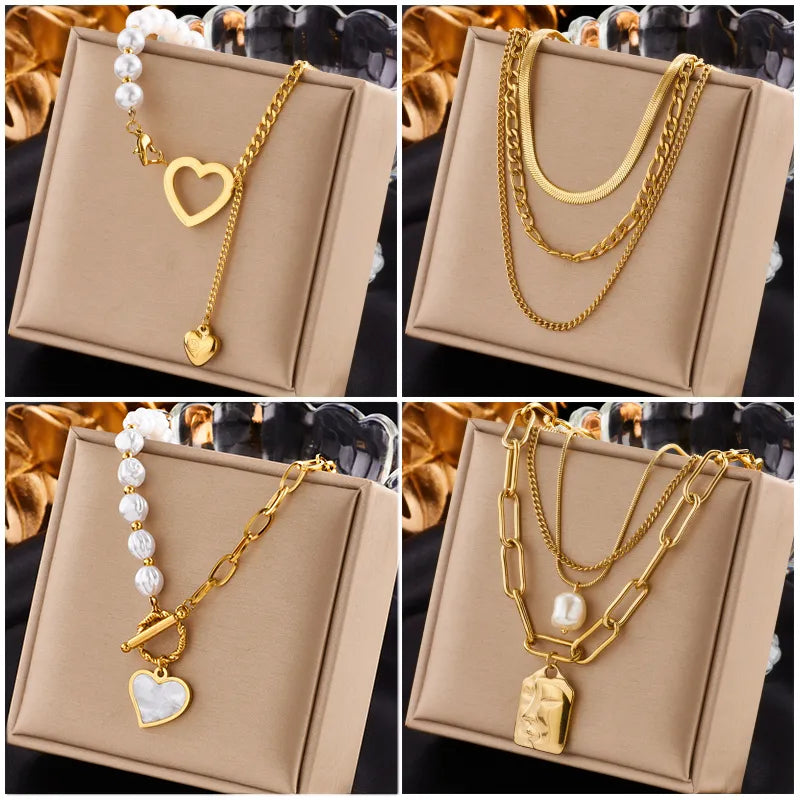 316L Stainless Steel Gold Color Heart Pearl Pendant Necklace For Women Punk Street Rustproof Neck Jewelry Party Gift