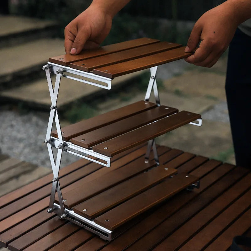 Folding Shelf Outdoor Camping Triple Shelf Solid Wood Foldable Portable Table