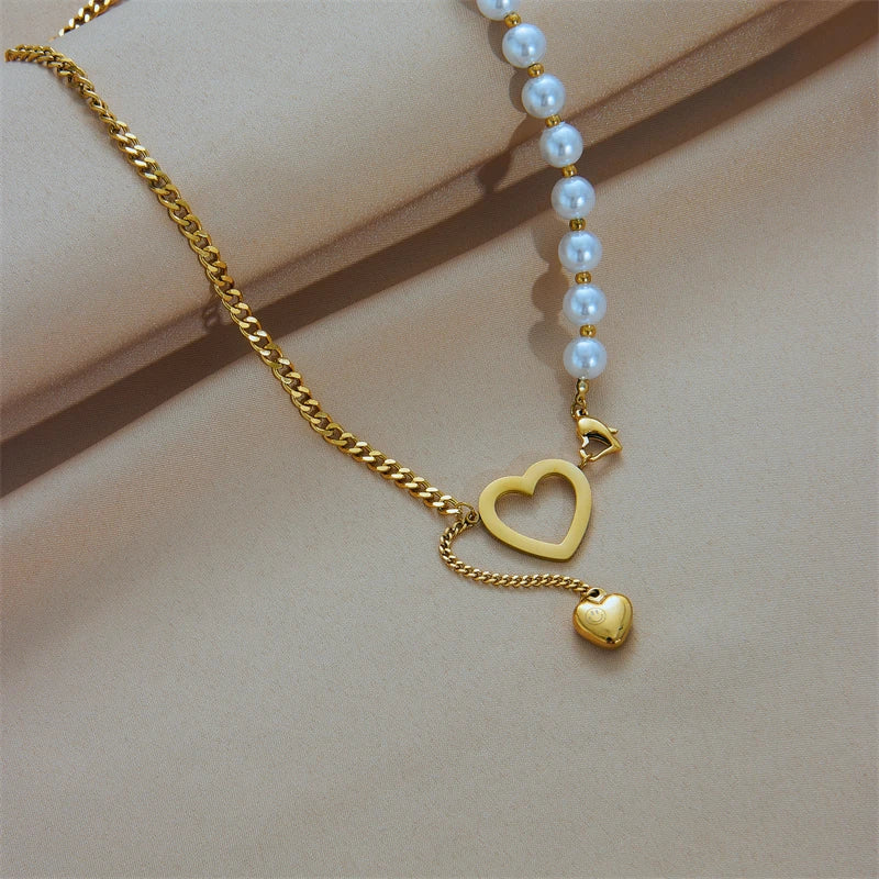 316L Stainless Steel Gold Color Heart Pearl Pendant Necklace For Women Punk Street Rustproof Neck Jewelry Party Gift