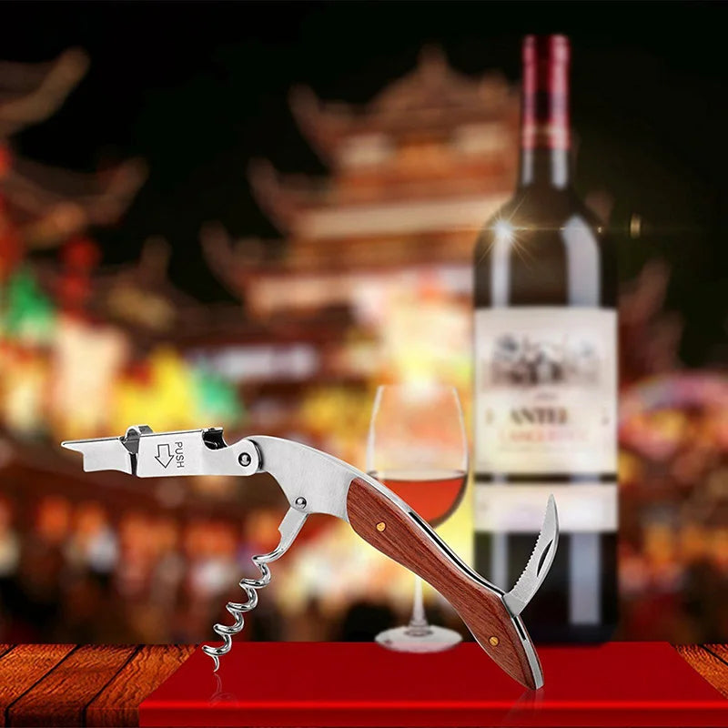 Four-in-one Multifunction Corkscrew Wine Bottle Opener Stainless Steel  Cutter High-end Screwdriver Wooden Handle