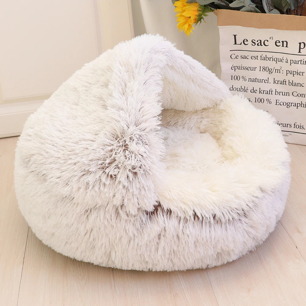 Round Cat Bed Winter Warm Soft Plush Long Plush Cat Cushion House 2 In 1 Sleeping Nest Kennel For Small Dogs Cats