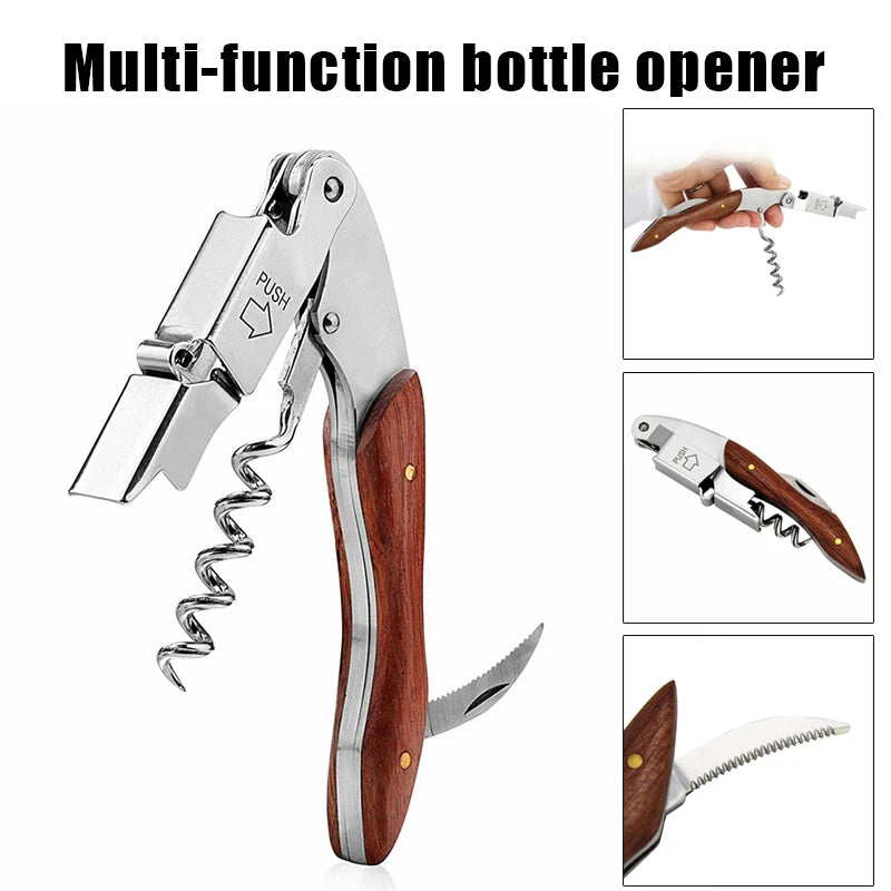 Four-in-one Multifunction Corkscrew Wine Bottle Opener Stainless Steel  Cutter High-end Screwdriver Wooden Handle