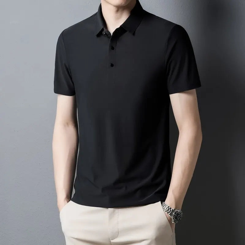 Ice Silk Polo Shirt High-End T-Shirt Solid Color Half Sleeve Casual Menswear