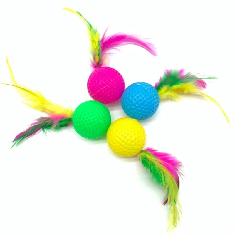 5Pcs Cat Toys Mixed Funny Plastic Golf Ball with Feather Cat Toy Interactive Kitten Cat Teaser Ball Playing Toy