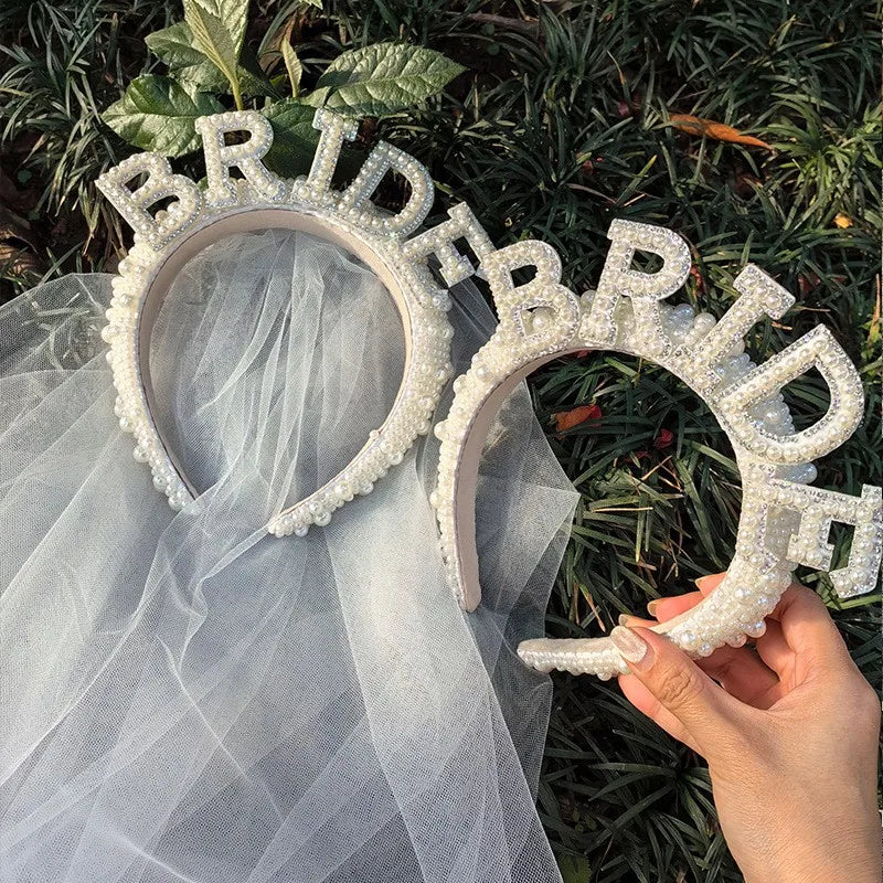 Bride To Be Pearl Crown Headband with Veil Mrs WIFEY Luxury Bridal Hair Accessories