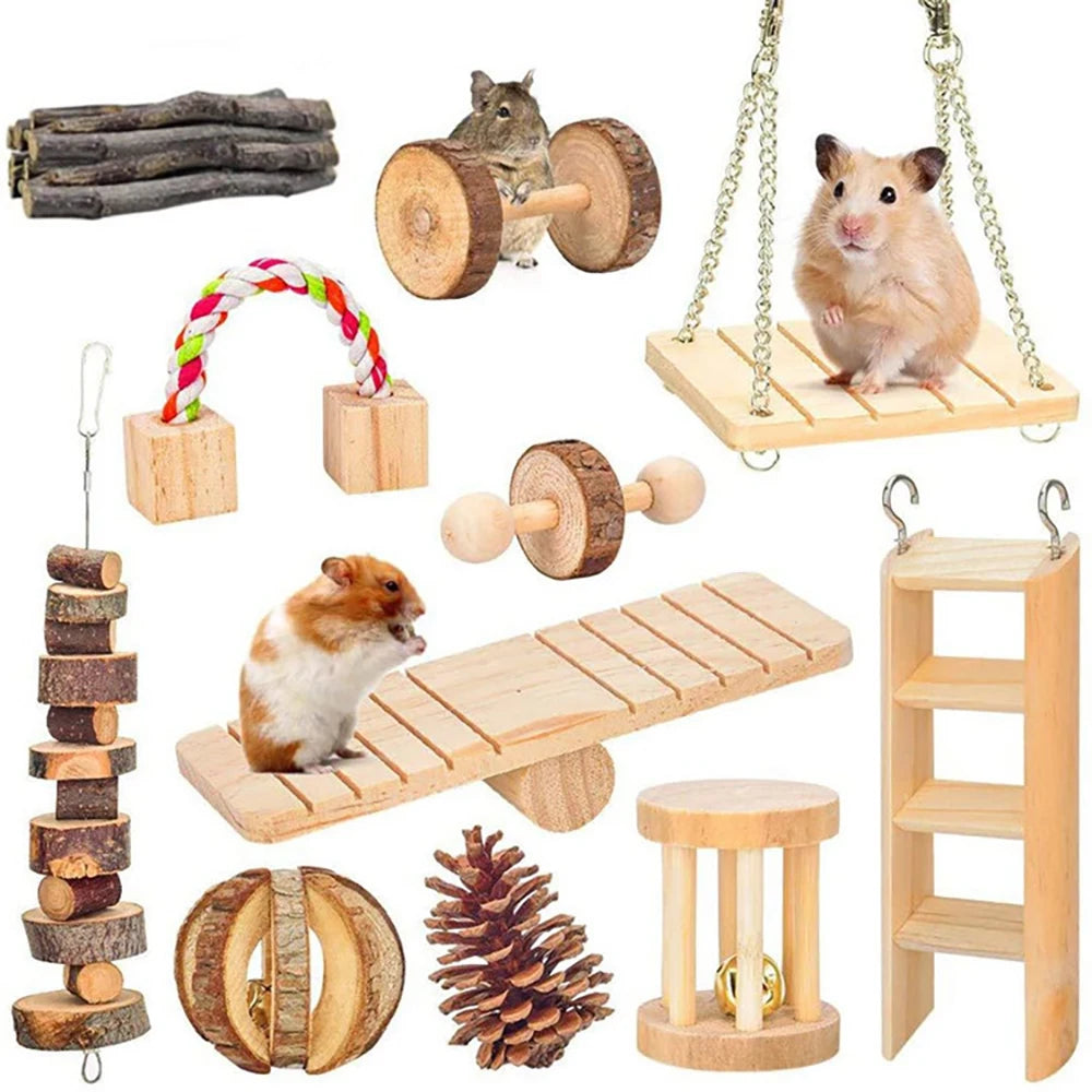 Rabbit Roller Toys Natural Wooden Pine Dumbells Unicycle Bell Chew Toys for Guinea Pigs Rat Small Pet Molars Supplies