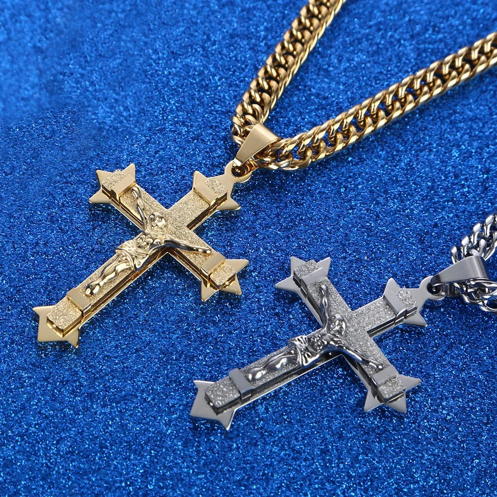 Gold tone Cross Christ Jesus Pendant Necklace Stainless Steel Link rolo Chain