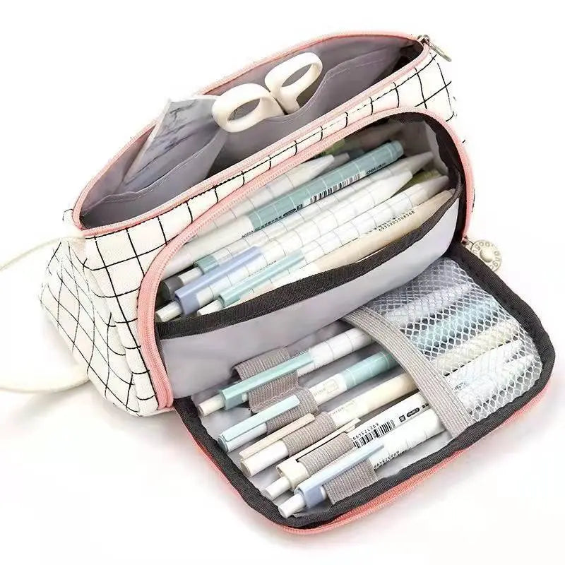 Stationary Pen Storage Bag Pen Pencil Bag Multi Layer Large Capacity Cosmetic Travel Storage Bag Simple Plaid Pencil Case