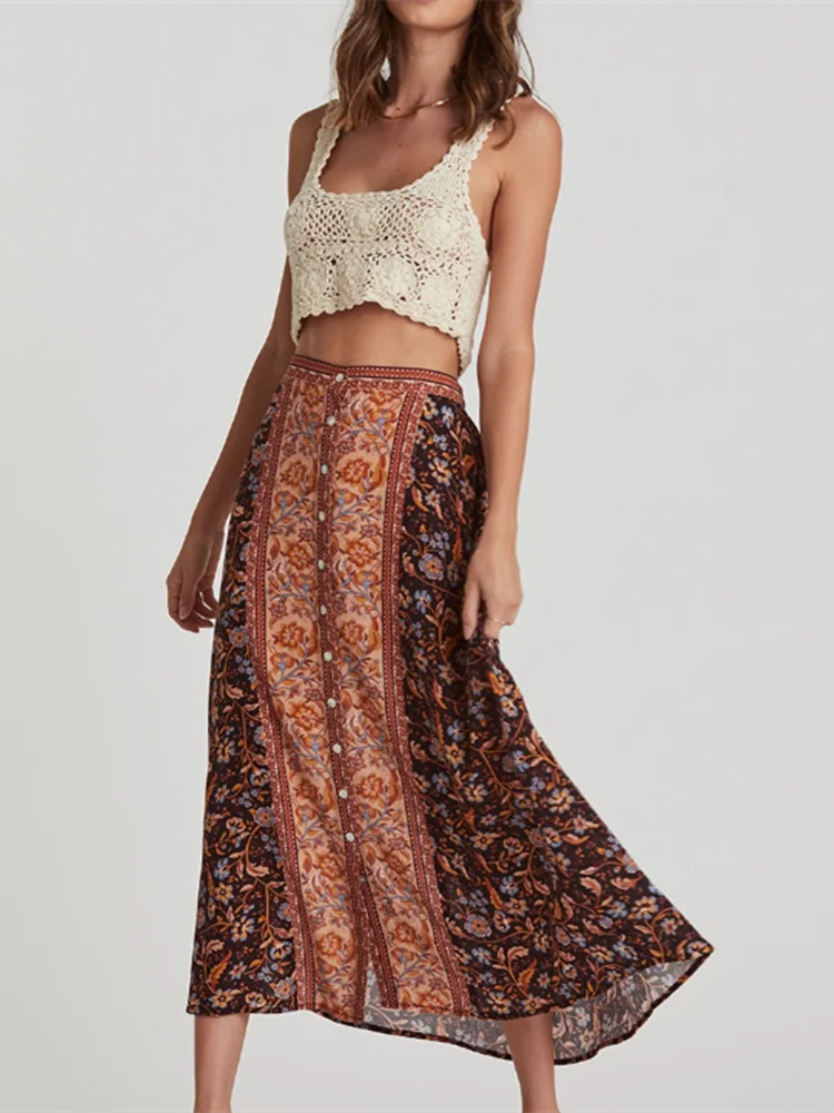 Vintage Chic Hippie Women Floral Printed High Elastic Waist Beach Bohemian Skirt