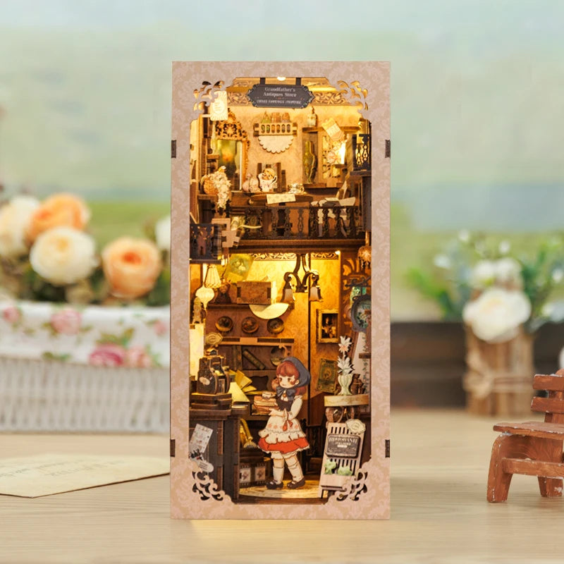 DIY Book Nook Kit, Doll House with Touch Light, Dust Cover, Retro 3D Bookshelf