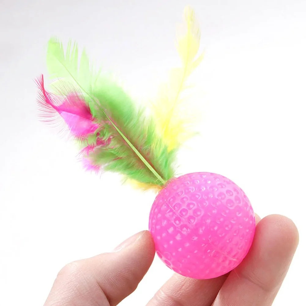 5Pcs Cat Toys Mixed Funny Plastic Golf Ball with Feather Cat Toy Interactive Kitten Cat Teaser Ball Playing Toy