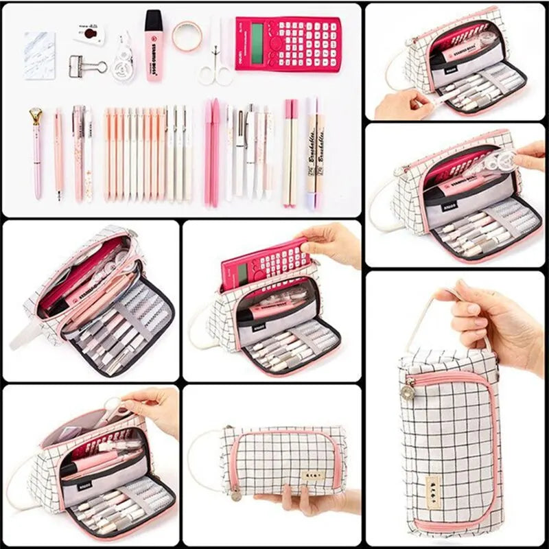 Stationary Pen Storage Bag Pen Pencil Bag Multi Layer Large Capacity Cosmetic Travel Storage Bag Simple Plaid Pencil Case