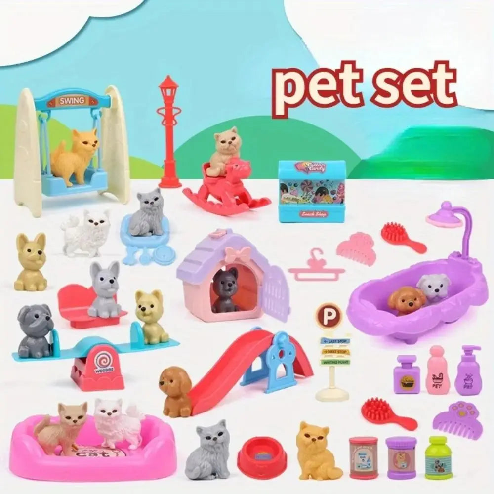 Dog Doll Set Puppy Pretend Play Toy Animal Kids Toys Dog Pet Basket Toys