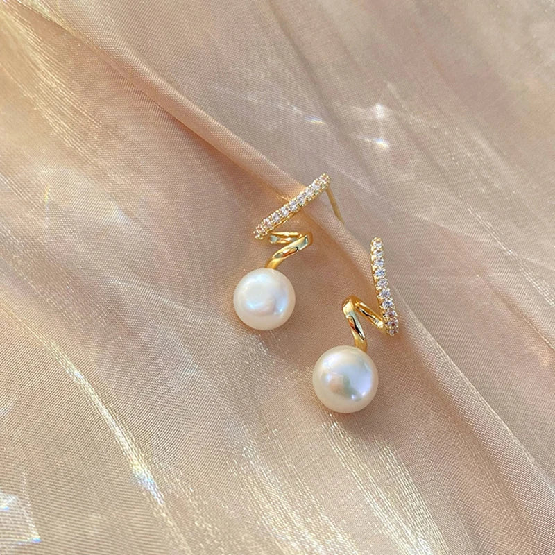 Rhinestones Pearl Drop Earrings for Women Golden Color Geometry Twist Earrings