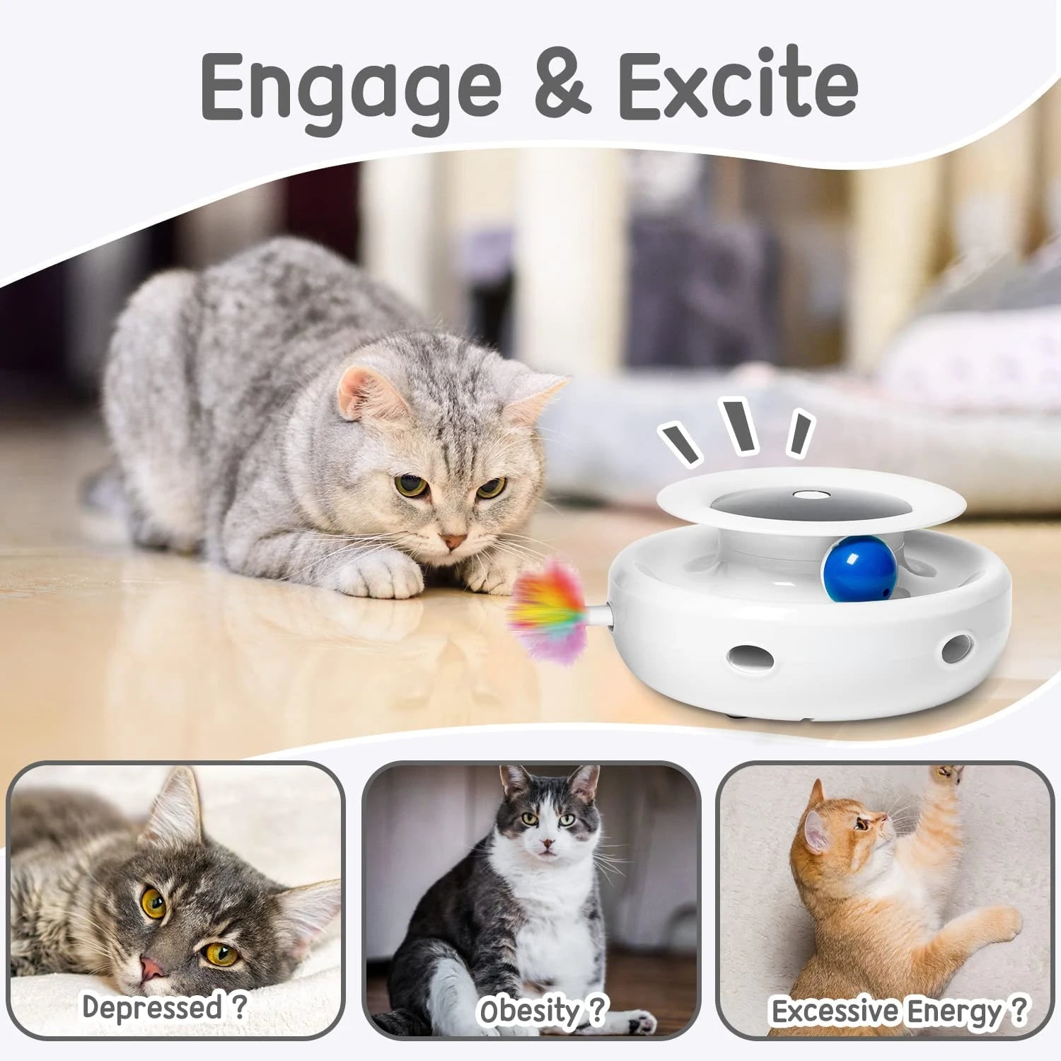 2in1 Interactive Cat Toys Timer Auto On/Off, Cat Toy Balls & Ambush