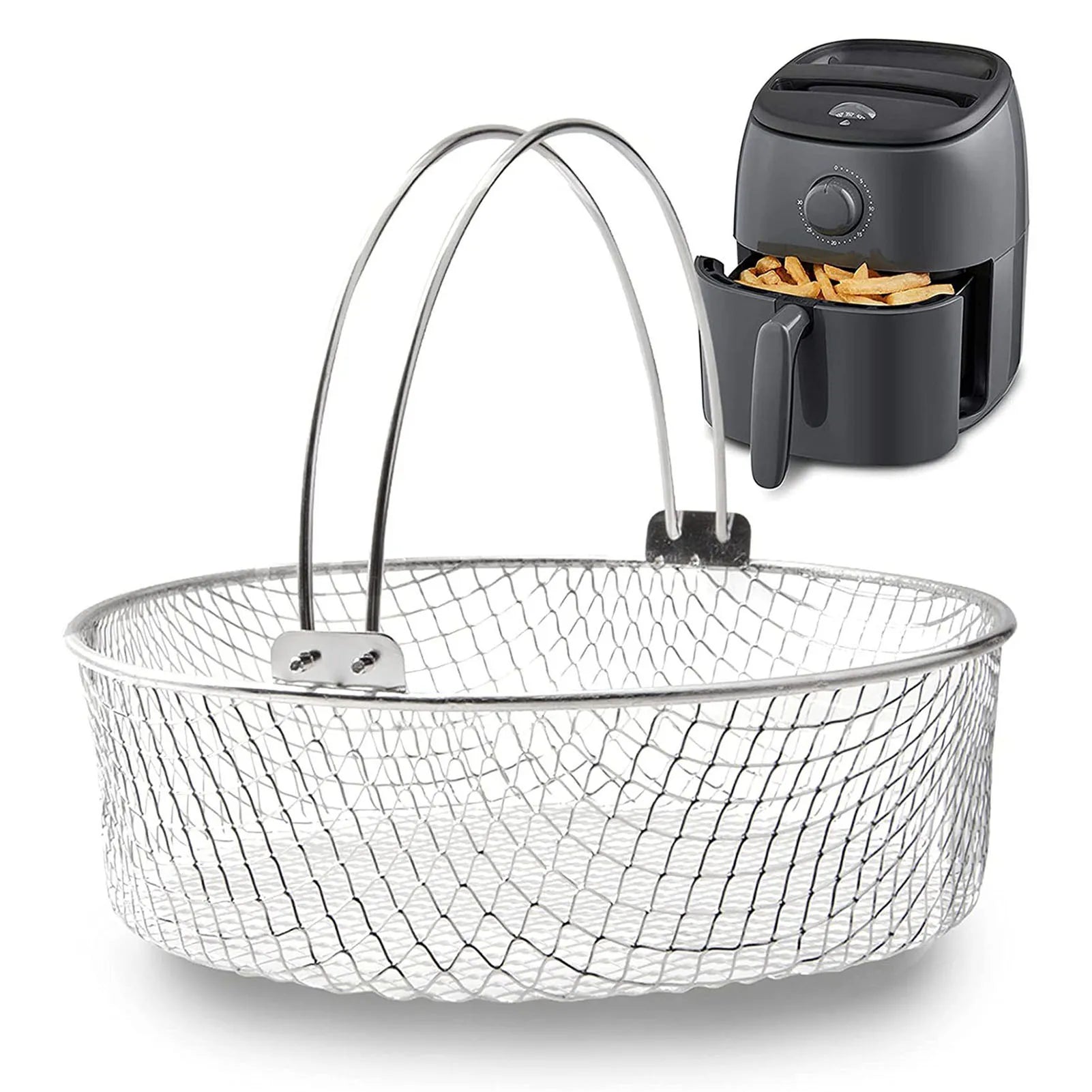 304 Stainless Steel Air Fryer Basket With Handle Household Air Fryer Accessory Reusable Durable Multifunction