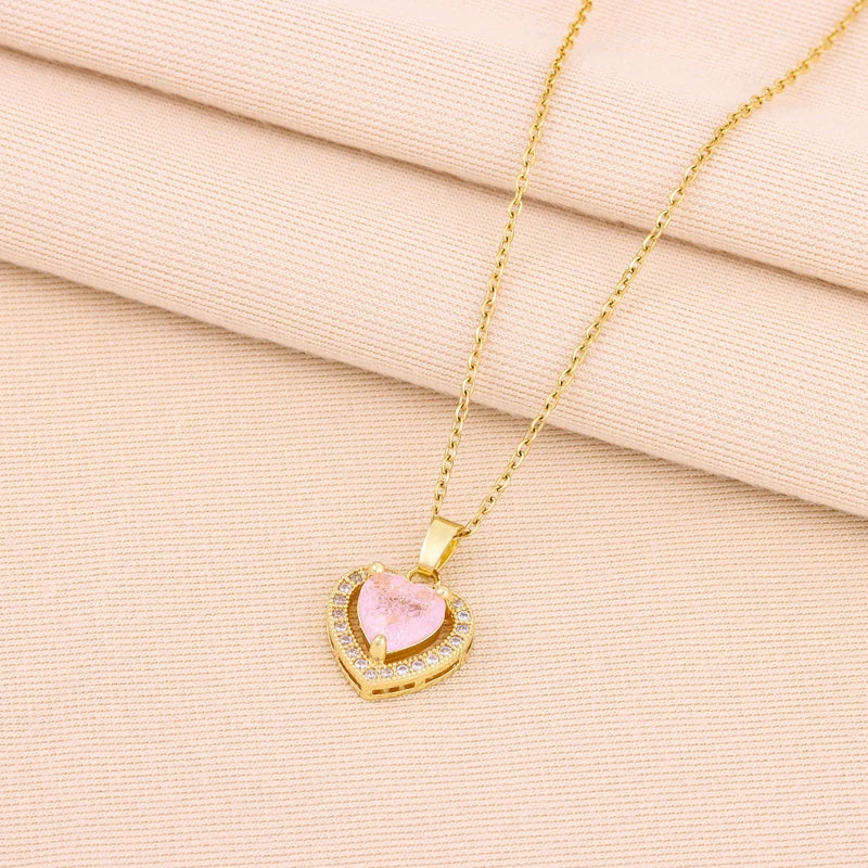 Temperament Sweet Ice Flower Crystal Heart Pendant Necklaces For Women Trendy Stainless Steel Neck Chain Female Wedding Jewelry