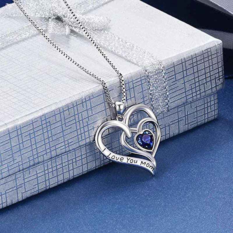 Heart Blue Cubic Zirconia Neck Necklace Women Letter "I Love You Mom" Anniversary Birthday Gift for Mother Trendy Jewelry