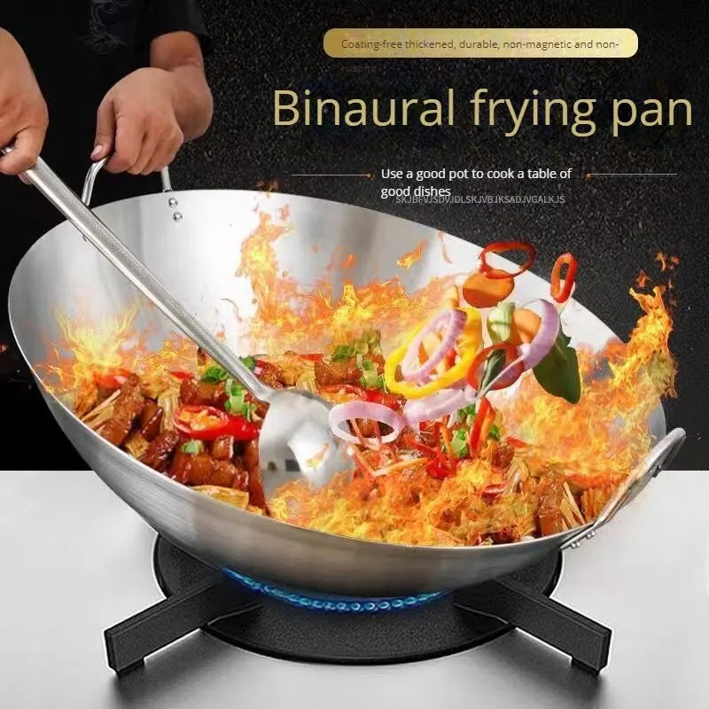 Stainless Steel Double Ear Frying Pan Uncoated Thickened Restaurant Pan Cauldron Commercial Household Frying Pan