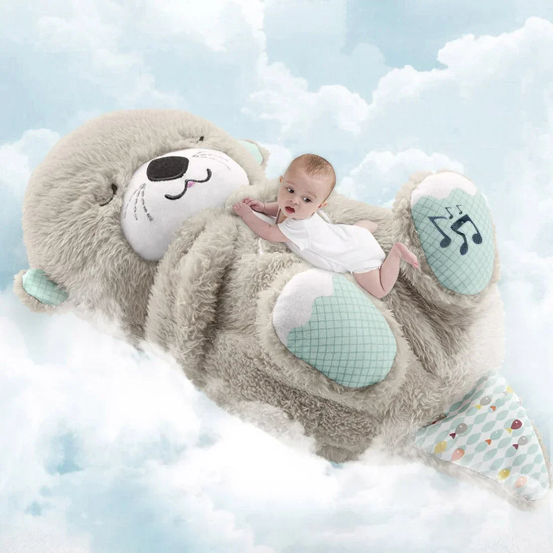 All-in-one Sleeping Otter Plush Toy Breathing Pillow Light Sound Newborn Soothing Toy