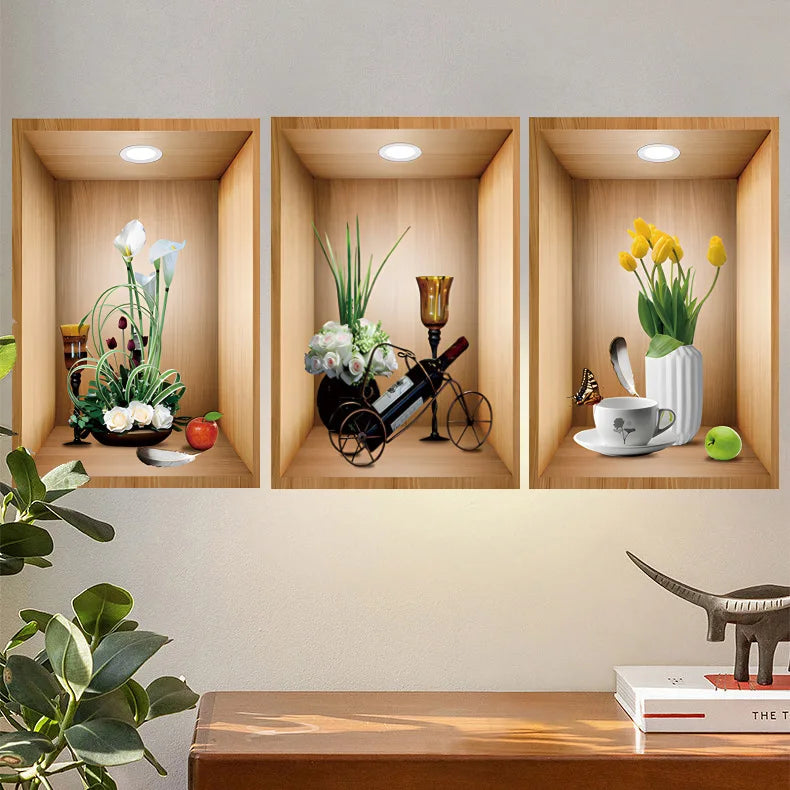 3pc/set greet potted plants wall sticker self adhesive 3d vase wall decal