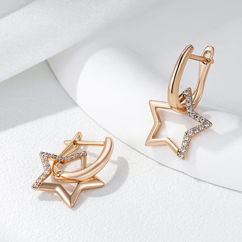 Glossy 585 Gold Color Star Dangle Earrings For Women Paved Natural Zircon Accessories Daily Fine Jewelry