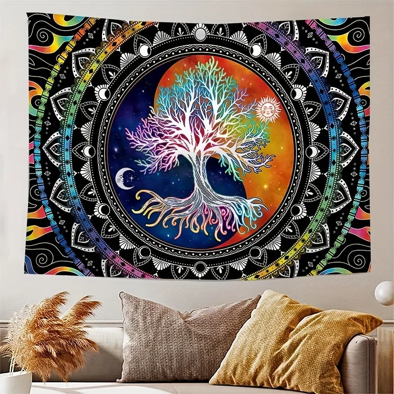 1Pcs 75x58cm Tree of Life Tapestry BlackLight Sun Moon Stars Galaxy Colorful