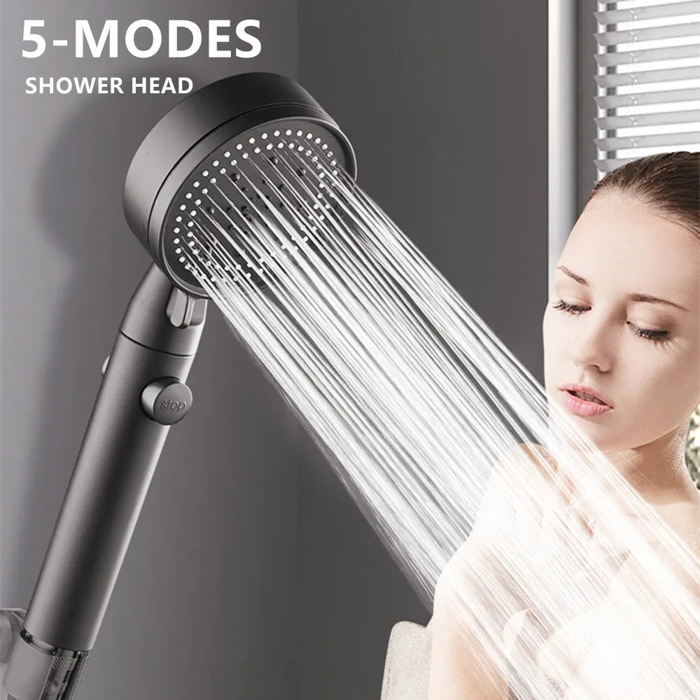 High Pressure Shower Head 5 Modes Adjustable with Hose One-Key Stop Spray Nozzle