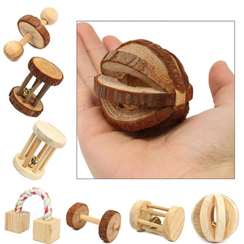 Rabbit Roller Toys Natural Wooden Pine Dumbells Unicycle Bell Chew Toys for Guinea Pigs Rat Small Pet Molars Supplies