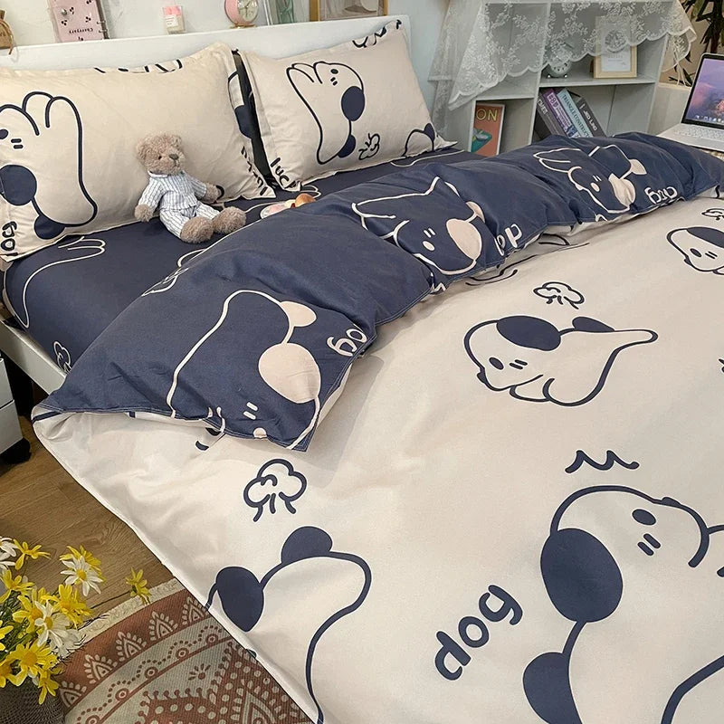 Kawaii Dog Printed Bed Set Floral Duvet Cover Pillowcase Bedding Set Queen King Size