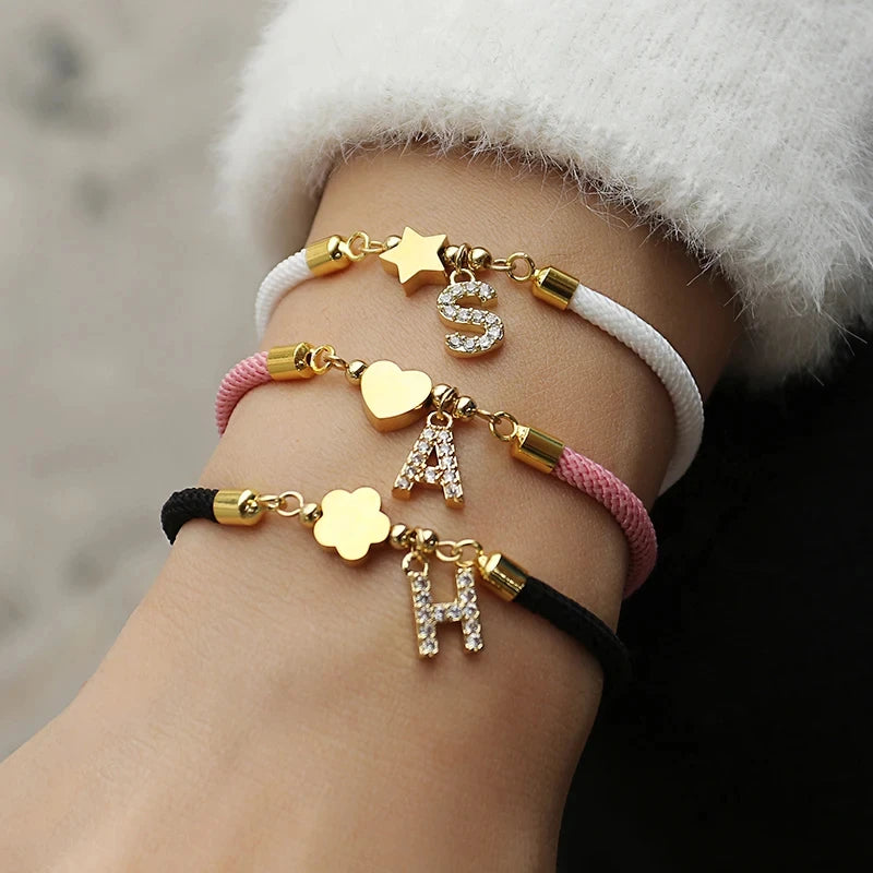 Pave Cubic A-Z Initial Letter Women Bracelet Star Heart Flower Rope Bracelet