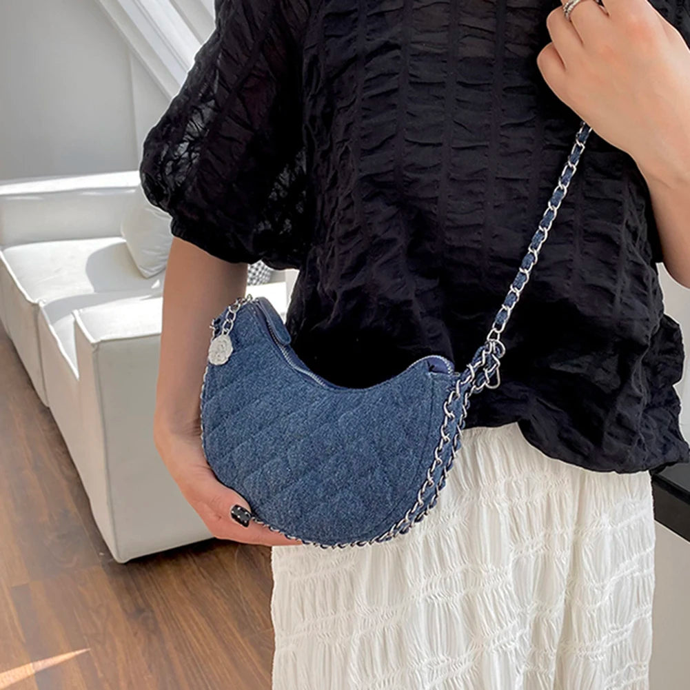 Denim Plaid Quilted Women's Shoulder Bag Casual Chains Half Moon Crossbody Bag