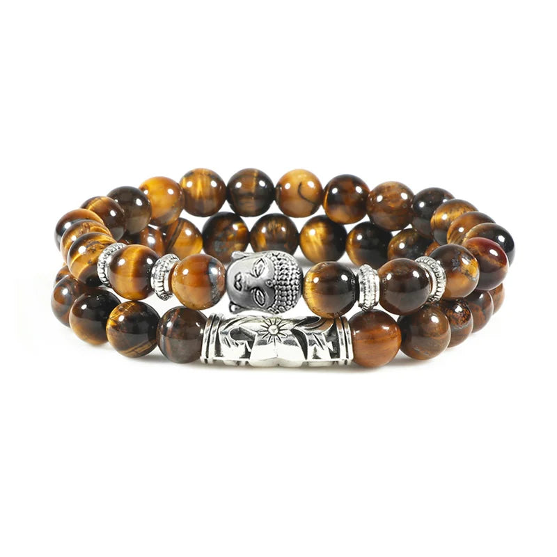 2pcs/set Buddha Head Bracelet for Women Men Natural Tiger Eye Lava Stone Yoga Beads Distance Bracelets Charm