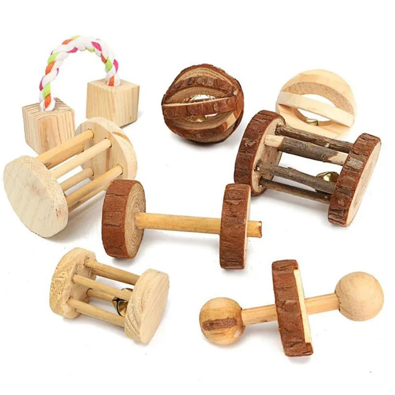 Rabbit Roller Toys Natural Wooden Pine Dumbells Unicycle Bell Chew Toys for Guinea Pigs Rat Small Pet Molars Supplies