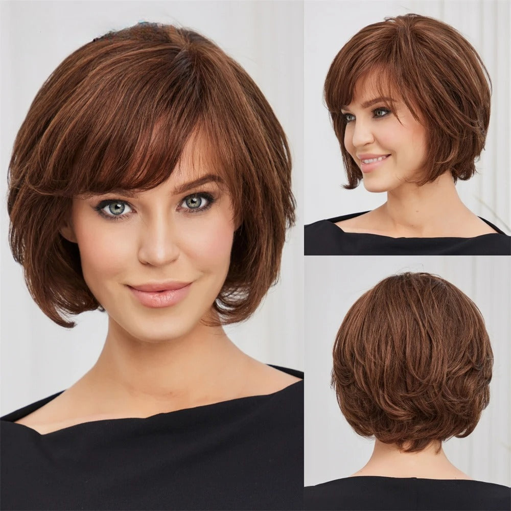 Lace Front Human Hair Wigs Short Straight Brown Bob Wigs Layered Wig Glueless Wig