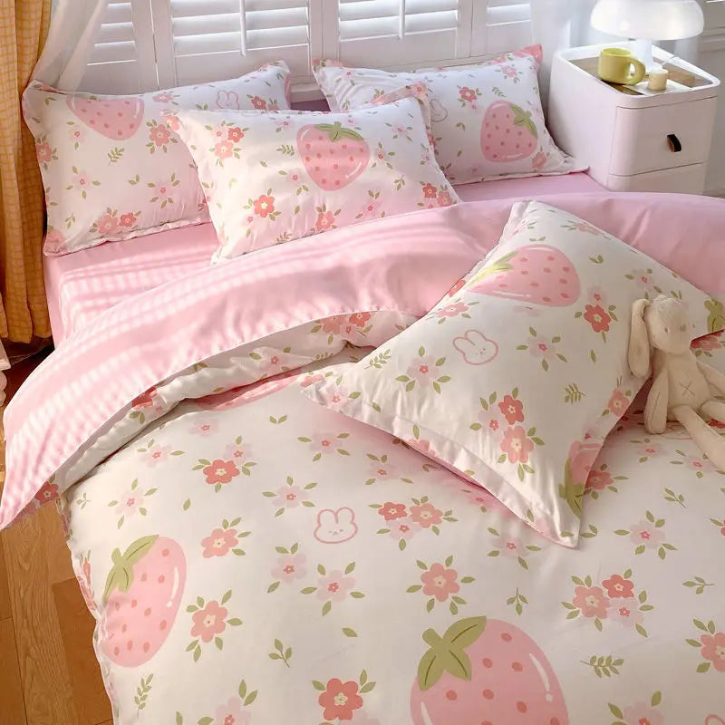 Cute Pink Strawberry Duvet Cover Flat Sheet Pillowcase Floral Bedding Set