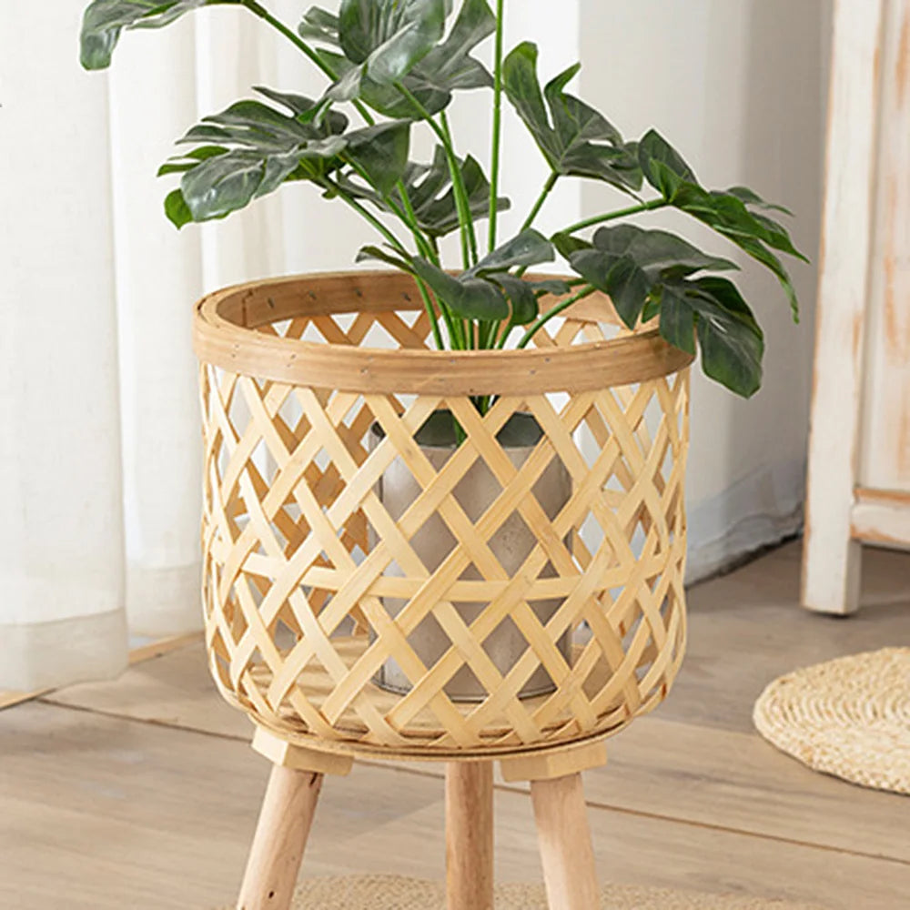 Handmade Bamboo Woven Flower Pot with Stand  Plant Flower Display Storage Stand DIY Storage Nursery Pots Home Decoration