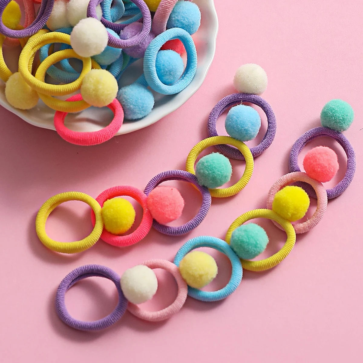 50Pcs Elastic Hair Bands Girls Plush Ball Rubber Band Scrunchie Hair Ties Clip