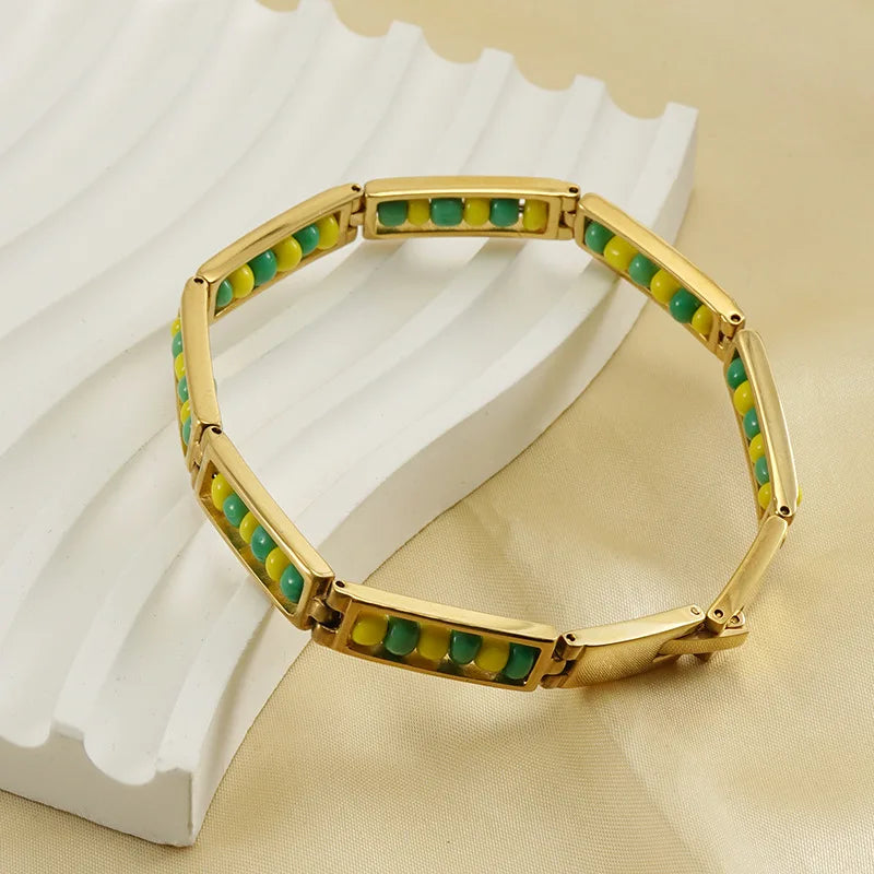 Waterproof Stainless Steel Beaded  18k Gold Plated Bracelet for Women Men