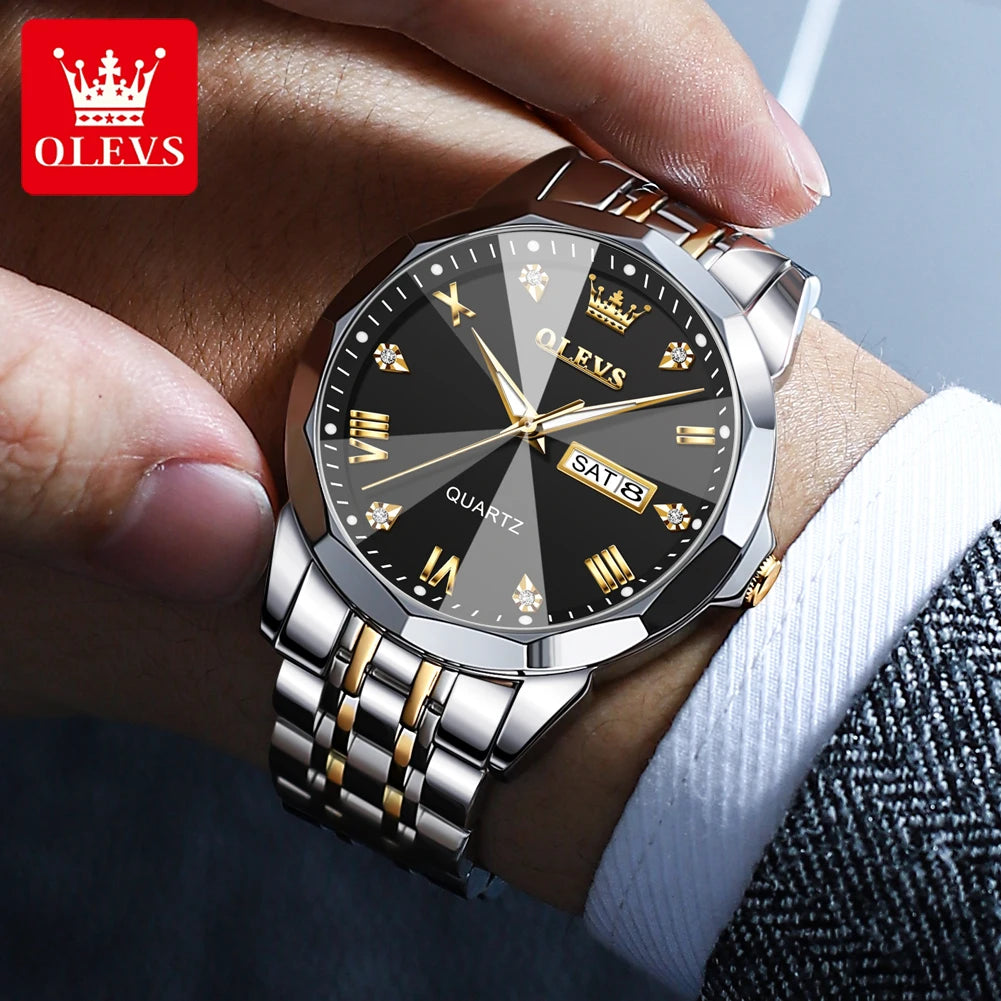 Quartz Solid Stainless Steel Strap Rhombus Design Wristwatch for Men Waterproof