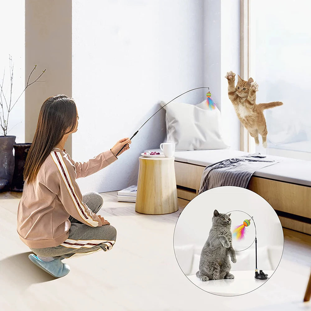 Cat Stick Toys Interactive Funny Cat Feather Wand Suction Cup Ball Feathers Replacements with Bells for Indoor Cats Kitten Exercise