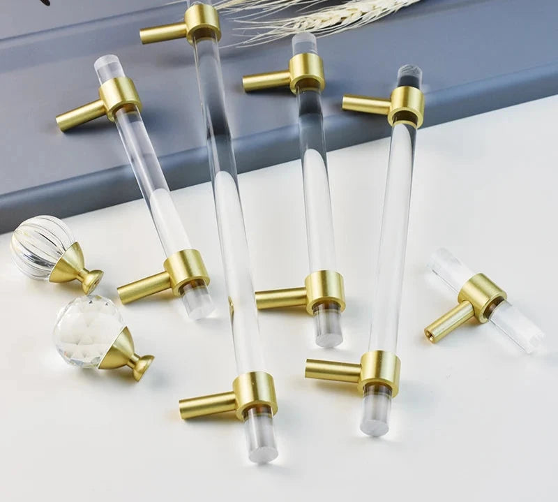 T-Bar Acrylic Kitchen Furniture Handles Wardrobe Drawer Door Knobs Golden Brass Cupboard Closet Cabinet Pulls Modern Style