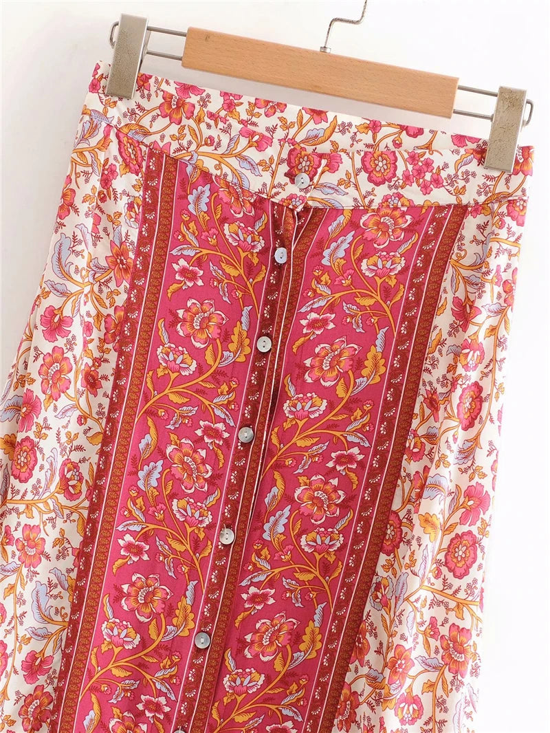 Vintage Chic Hippie Women Floral Printed High Elastic Waist Beach Bohemian Skirt