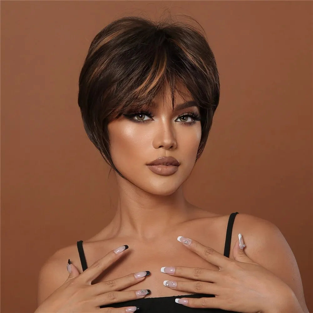 Synthetic Hair Wigs for Black Females Women Short Pixie Cut Hair Wigs With Bangs Party Daily Use Wig Natural Hair Heat Resistant