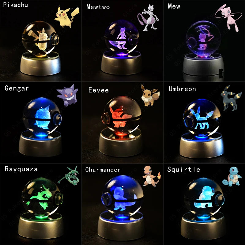 Pokemon 3D Crystal Pokeball Pikachu Gengar Mew Mewtwo Figurines Lamp Base 3D Pokemon Glass Ball Statue Kids Birthday Gift