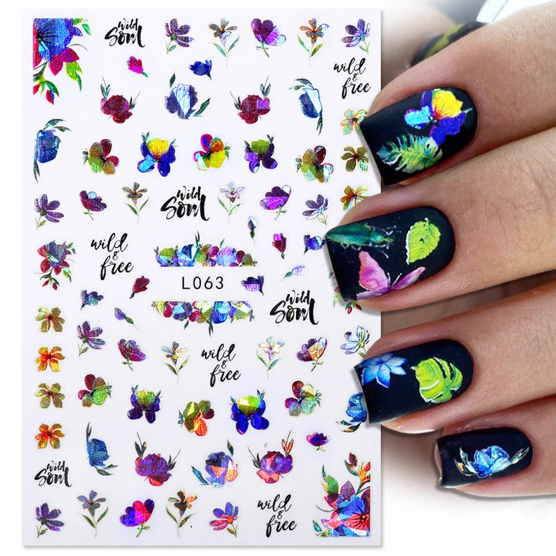 Red Flowers 3D Nail Sticker  Love Letters Colorful Butterfly Leaf Flowers Line Pattern Nail Decals DIY Manicure