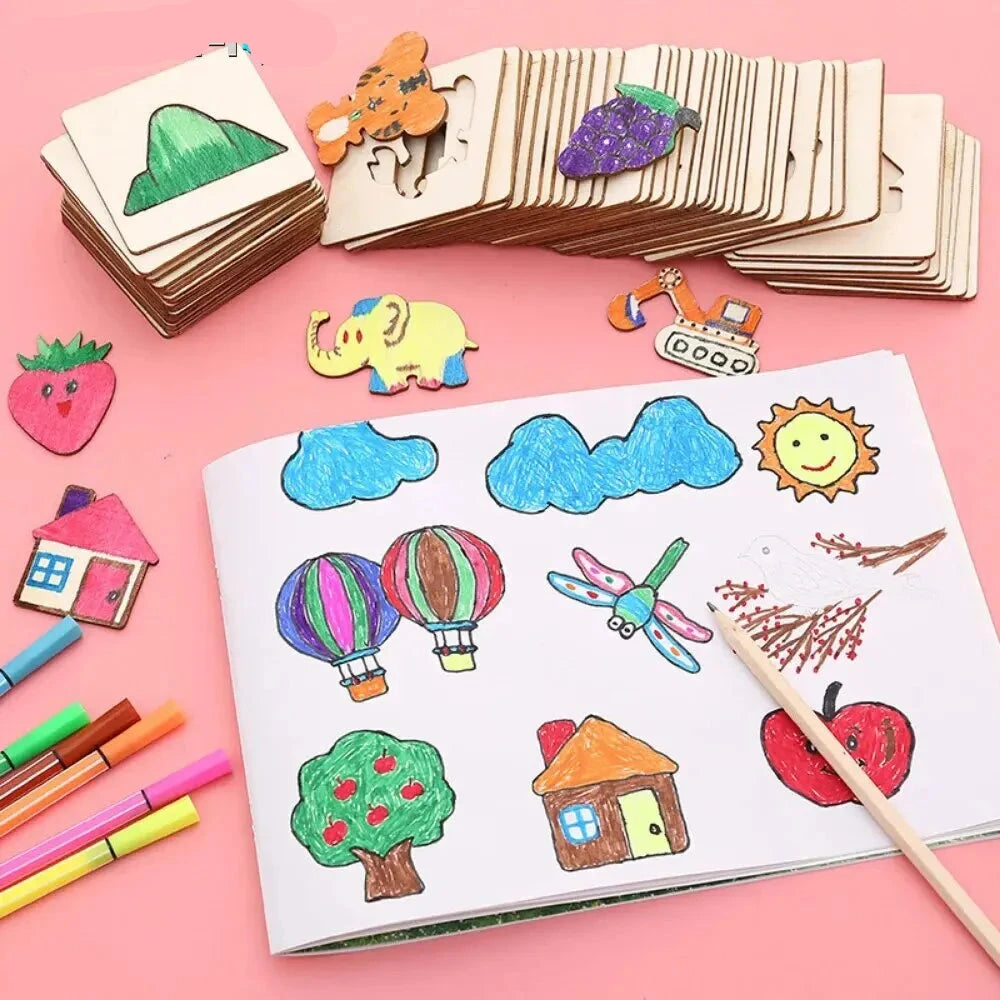 Montessori Kids Toys Drawing Toys Wooden DIY Painting Template Stencils